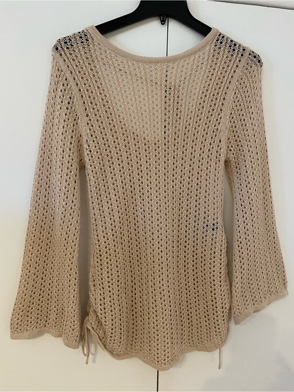 Lightweight Cream Open-Knit round Neck Sweater with Side drawstring Ties